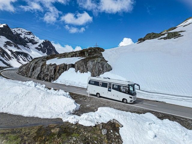 Nufennenpass by motorhome on a mountain pass in Switzerland