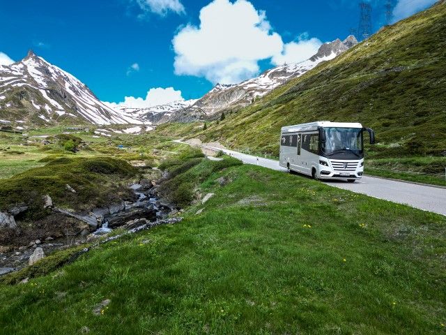 motorhome on a mountain pass in Switzerland